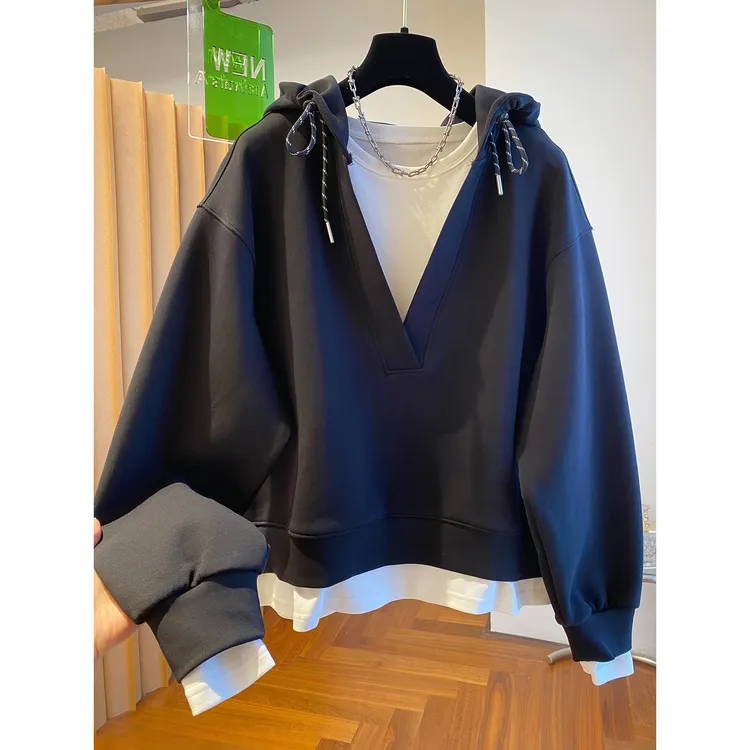 大码女装胖mm240斤韩系假两件连帽卫衣女宽松休闲氛围感叠穿上衣