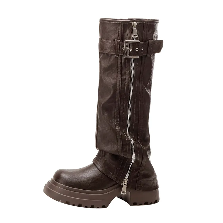 新款百搭休闲厚底美拉德显瘦长靴女胖mm粗腿不过膝大时装靴长筒靴