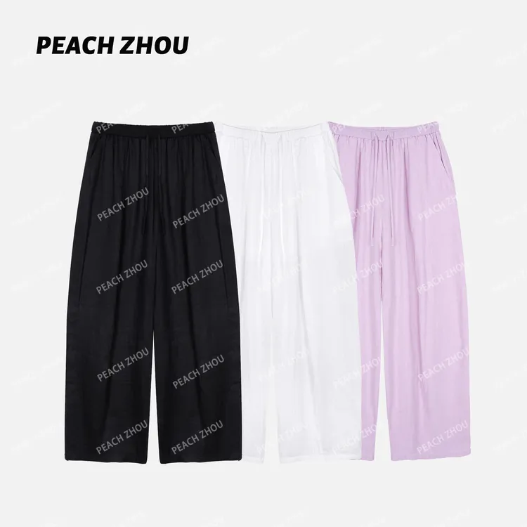 『PEACHZHOU』100亚麻针织腰头宽松休闲裤松紧腰极简老钱百搭阔腿裤