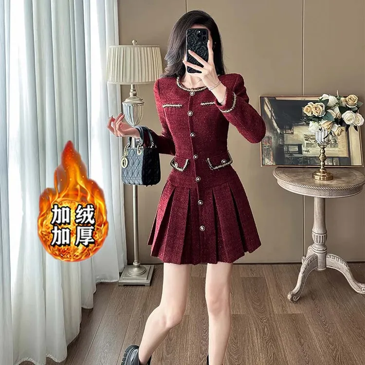 【加绒加厚】秋季轻熟风百褶裙时尚收腰设计小香风连衣裙LJ0215