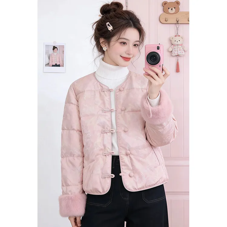 兹伊翰【国风古韵】时尚提花设计毛毛拼接棉服2026冬季新款减龄棉衣