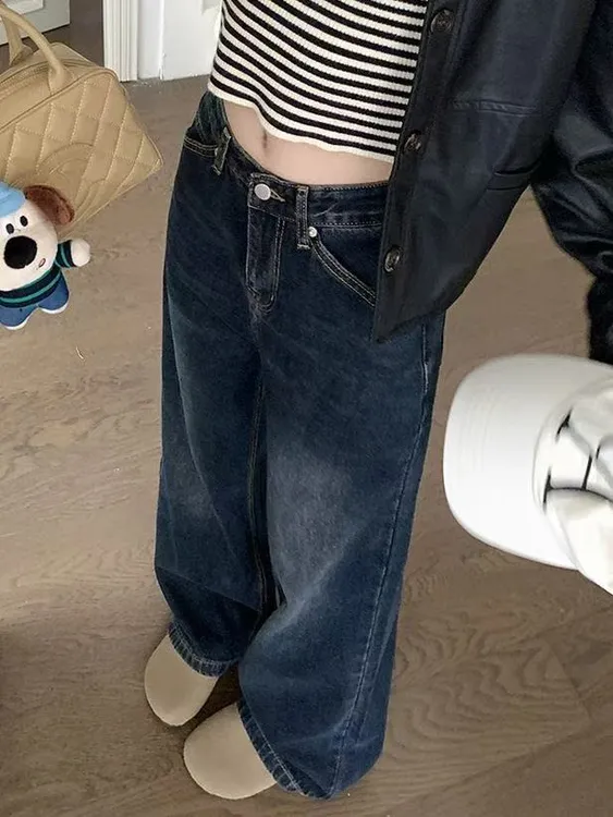 美拉德水洗做旧复古直筒牛仔裤女2025春秋季高腰阔腿宽松裤拖地裤