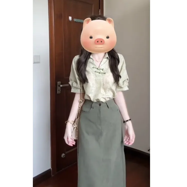 2025夏季复古气质减龄盘扣设计印花短袖衬衫上衣女高腰半身裙套装