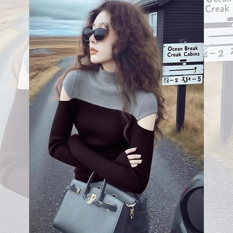 独特漂亮假两件小衫露肩毛衣女韩系秋冬装半高领针织打底衫上衣服