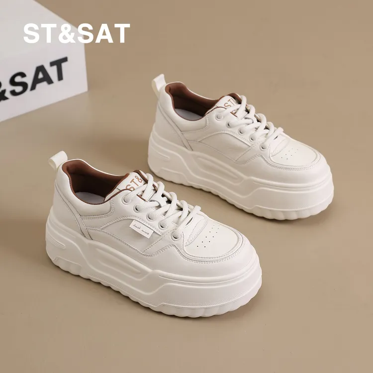 星期六真皮厚底增高6CM百搭小白鞋女2025秋季新款时尚休闲松糕鞋