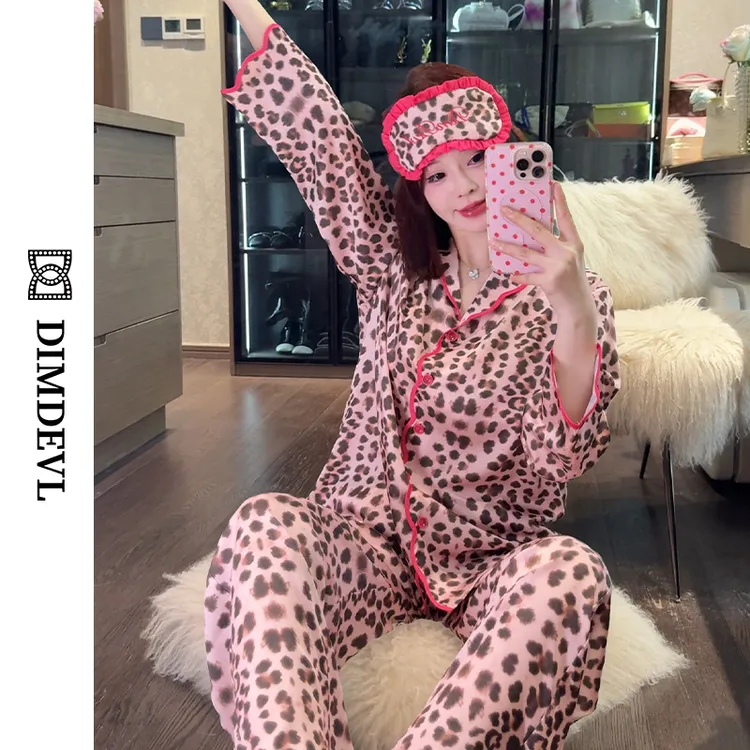 DIMDEVL/汀黛粉色豹纹早秋ins风欧美显瘦可外穿家居服长袖睡衣