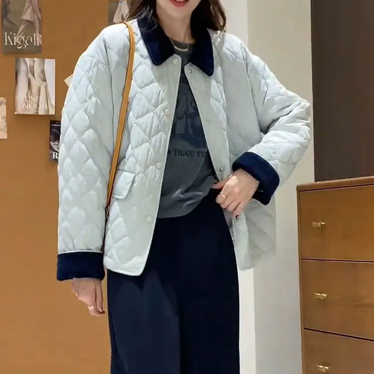 2025秋冬休闲宽松遮肉撞色萎格棉服韩版时尚polo领加棉保暖外套女
