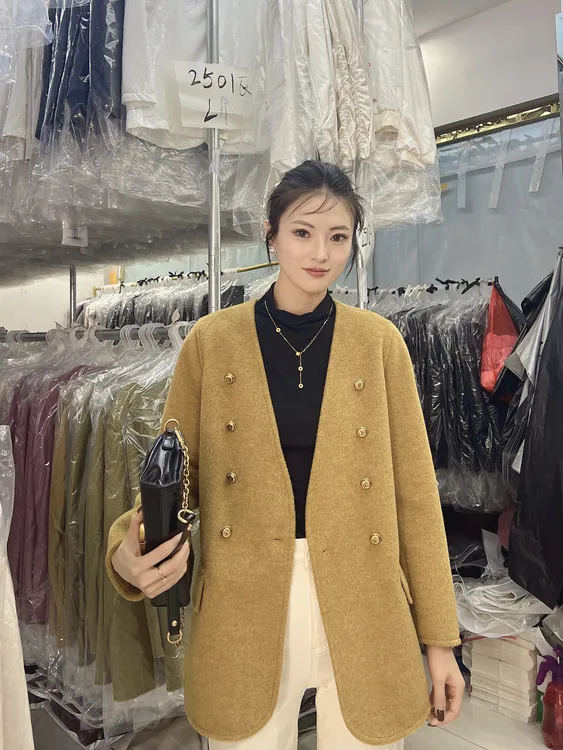 2530款绵羊毛大衣秋冬外套V领女中长款羊毛大衣毛呢上衣毛呢外套