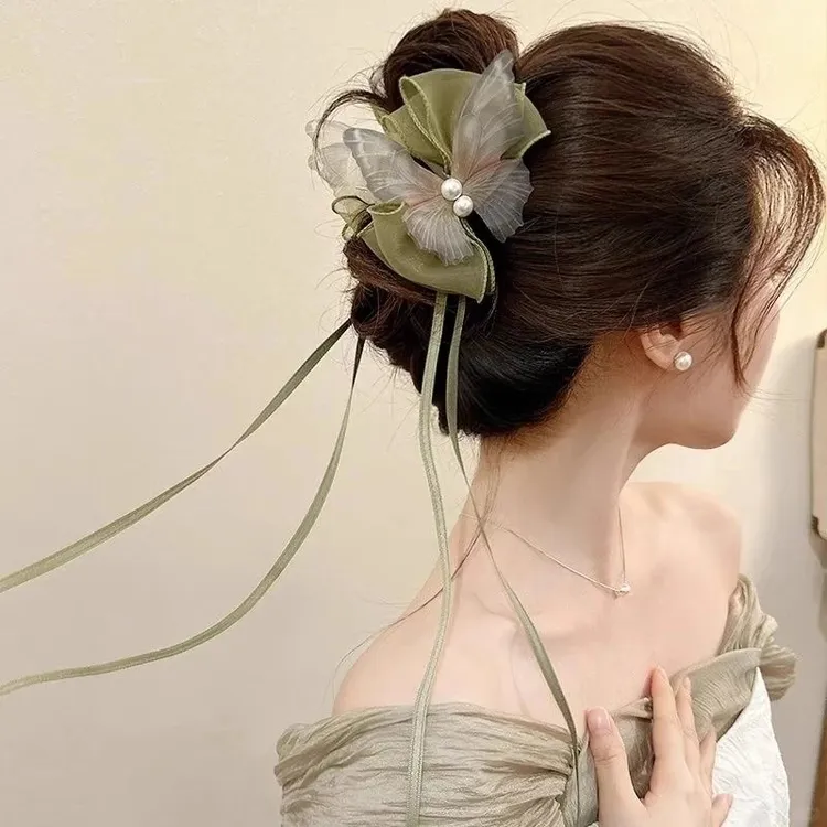 新中式国风马尾夹汉服旗袍古风头饰蝴蝶结发夹女后脑勺超仙飘带抓