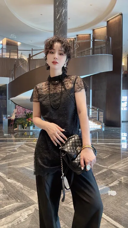 FANYE 2025夏季新款设计感国风镂空蕾丝拼接短袖1363