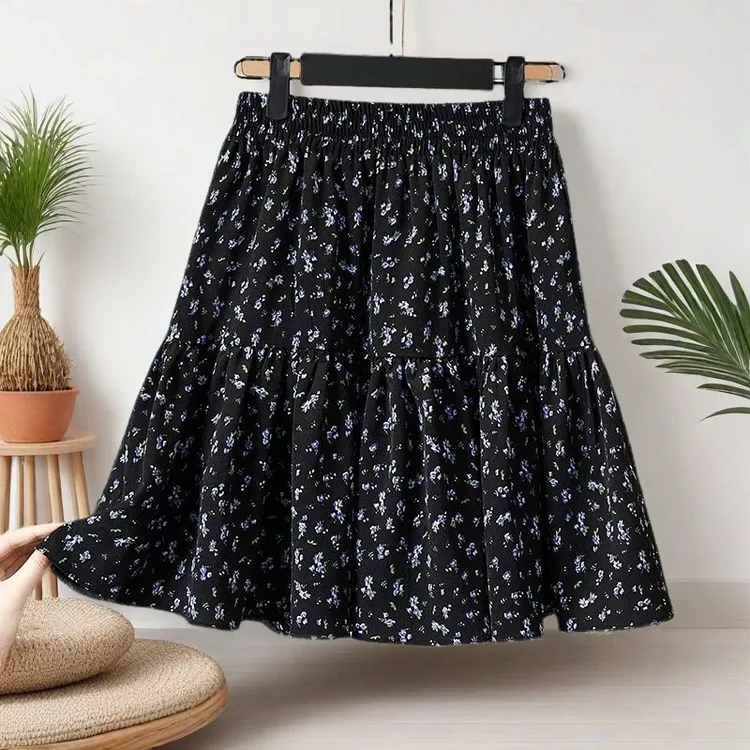 高腰夏季薄款短裙印花松紧腰显瘦百搭长款洋气大码女装碎花百褶裙