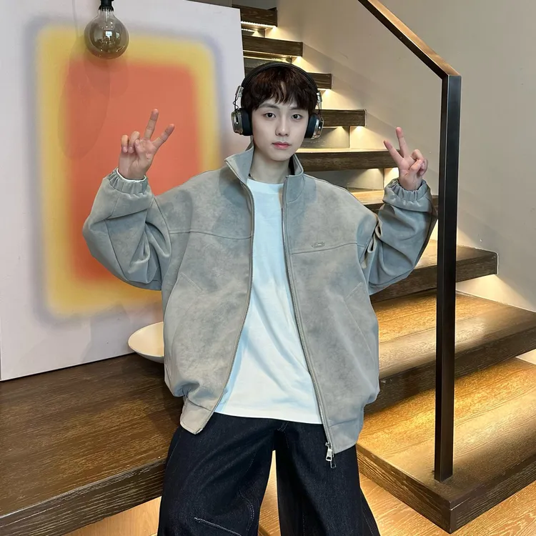 MANRE SHOW水洗立领皮衣外套男女款秋季美式复古潮流机车皮夹克