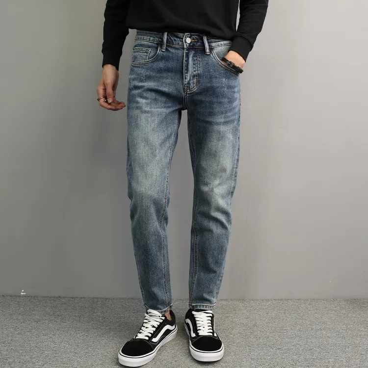 秋冬新品水洗复古蓝色潮流牛仔裤男修身小脚2025韩版时尚个性九分
