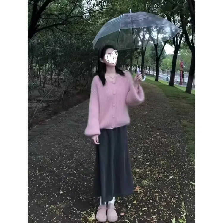 秋的气息~温柔少女粉嫩毛针织衫上衣~永不出错百搭半裙套装B109
