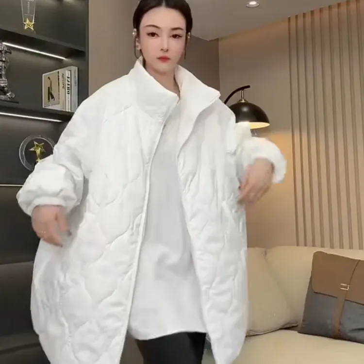 女士秋冬轻薄立领菱格纯色夹棉外套时尚洋气大版设计