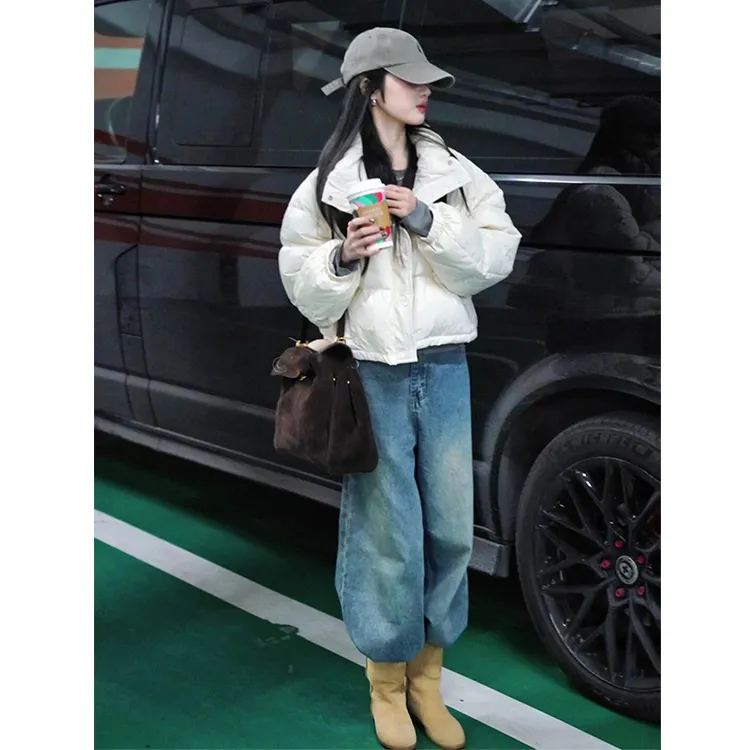 羽绒服女冬休闲短款立领90白鸭绒小个子宽松白色面包服外套