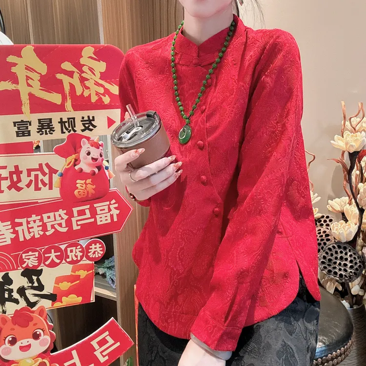 5314新中式国风提花盘扣立领长袖衬衫女时尚气质显瘦百搭上