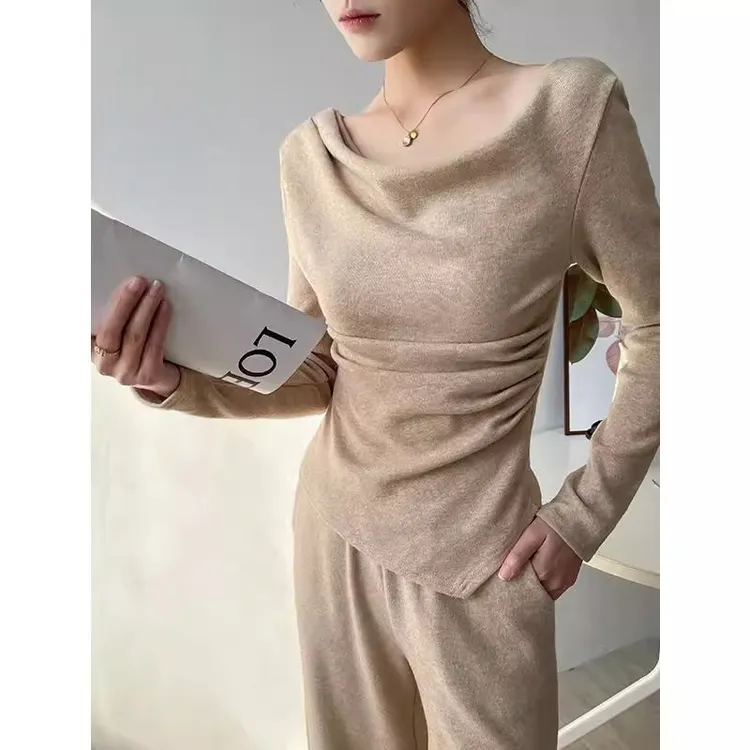 一字肩高级感打底衫针织套装女2025春季新款高腰阔腿休闲裤两件套