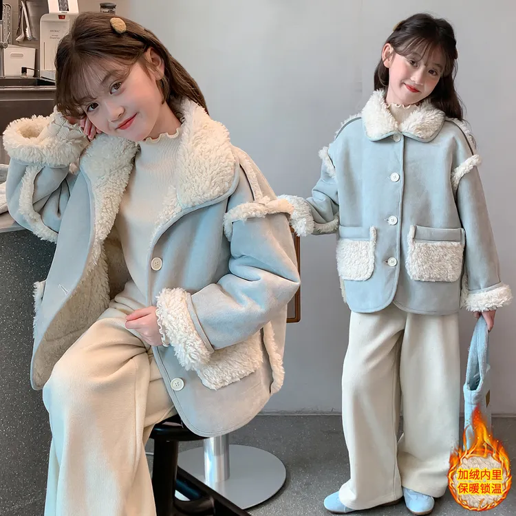 加绒加厚款拼色秋冬普通外套冬款童装冬季洋气2025女童皮毛一体
