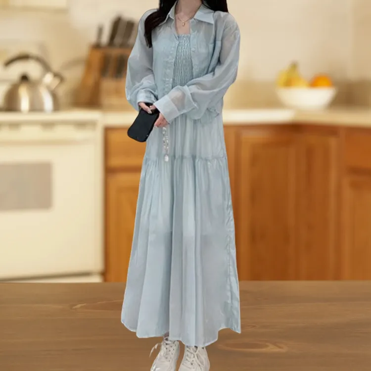 2025夏季新款小个子时尚显瘦薄款防晒上衣吊带连衣裙子两件套装女