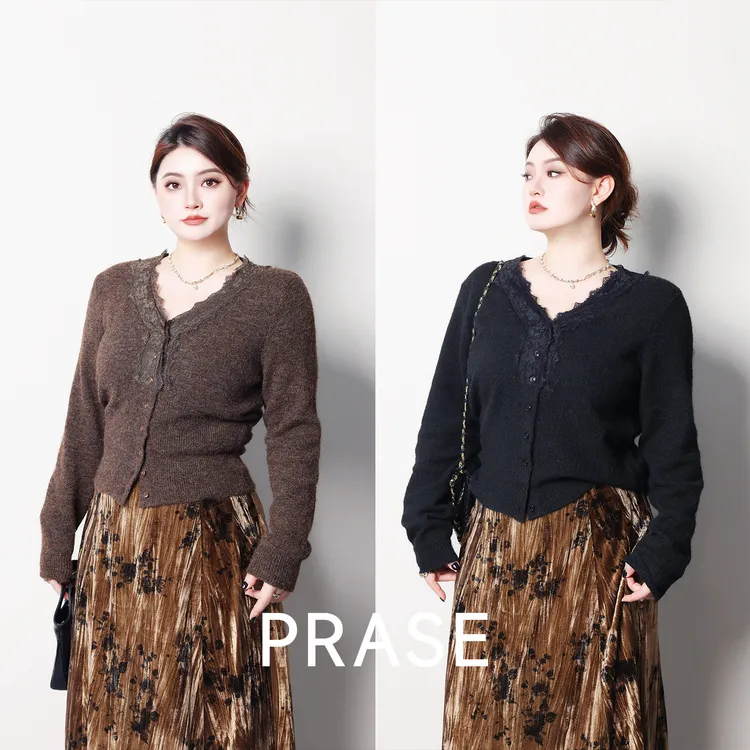 PRASE·杨杨【南法甜茶】绵羊毛V领拼接蕾丝收腰显瘦开衫PR510C41