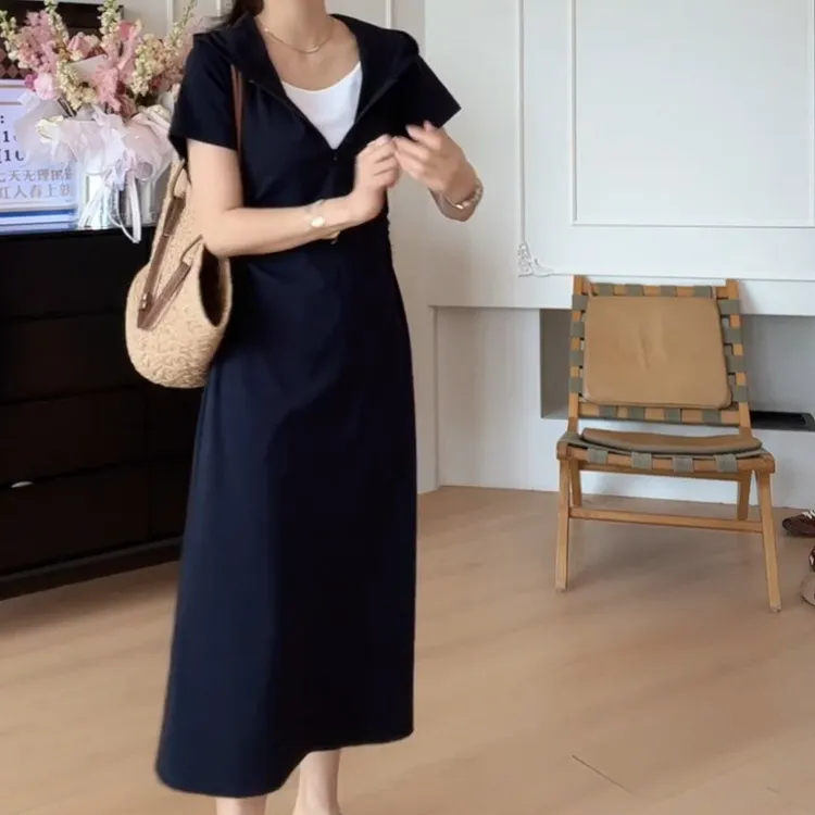 夏季休闲复古法式显瘦连帽假两件收腰连衣裙LK2502762