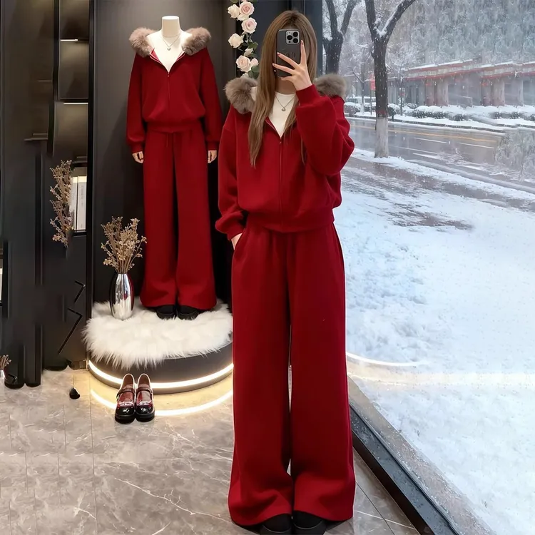 拉夏贝尔巨好看的慵懒休闲运动套装女秋冬季节加绒加厚卫衣两件套