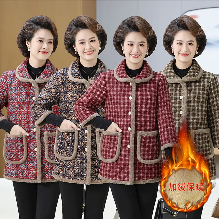 半袖加绒外套小棉衣棉服女秋冬新款显年轻妈妈装干活中袖格子棉袄