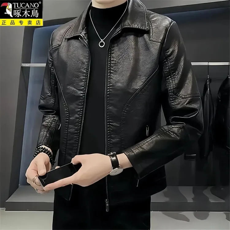啄木鳥海宁皮衣男士春秋季机车皮夹克时尚潮流痞帅外套潮牌上衣男