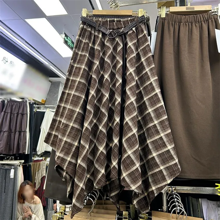 美拉德咖色不规则格子半身裙女秋冬季复古气质独特别致a字长裙子