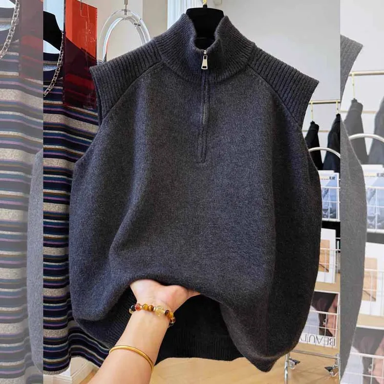 百搭秋冬季新品叠穿半高领无袖纯色针织女款大码宽松上衣毛衣马夹