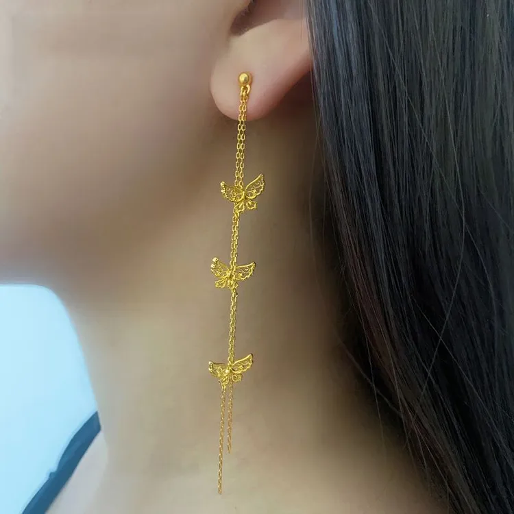 铜合金耳饰 古法蝴蝶金色耳钉庄周梦蝶长耳线简约耳饰高级感百搭