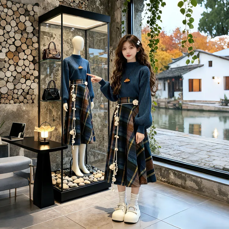 秋冬搭配一整套2025韩系穿搭温柔风蓝色针织毛衣格纹半身裙套装女