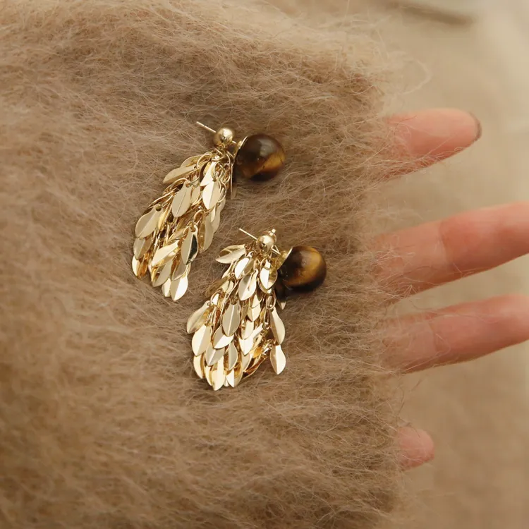 铜合金亚克力耳饰 「金羽翼」原创美拉德虎眼石流苏耳饰无耳洞耳钉