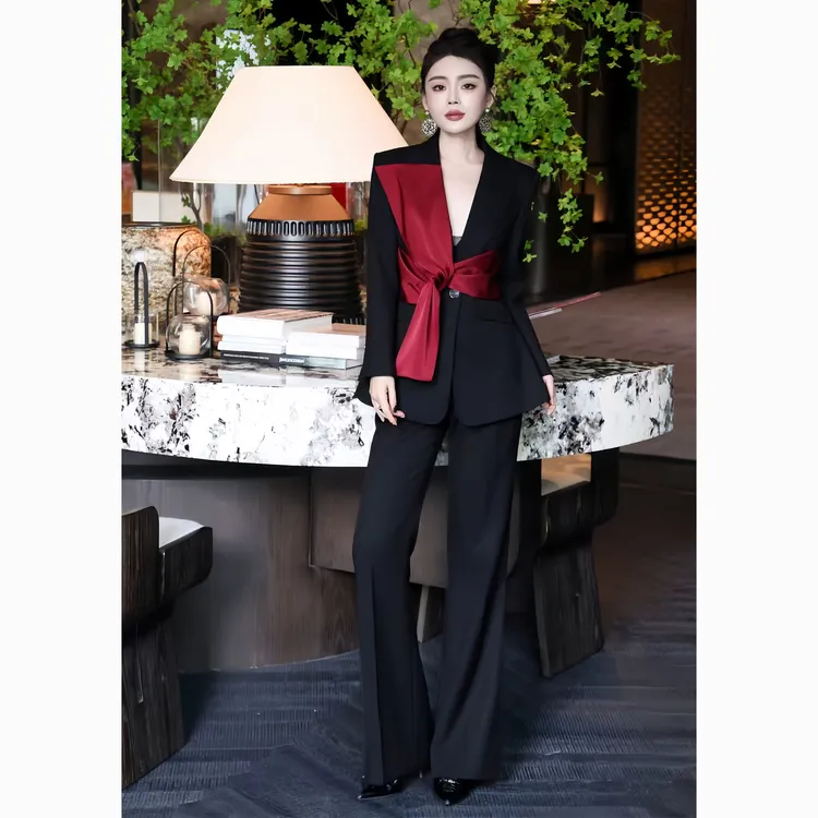 ZEROYK高定职业装设计感女神气质撞色绑带收腰西服长裤通勤两件套