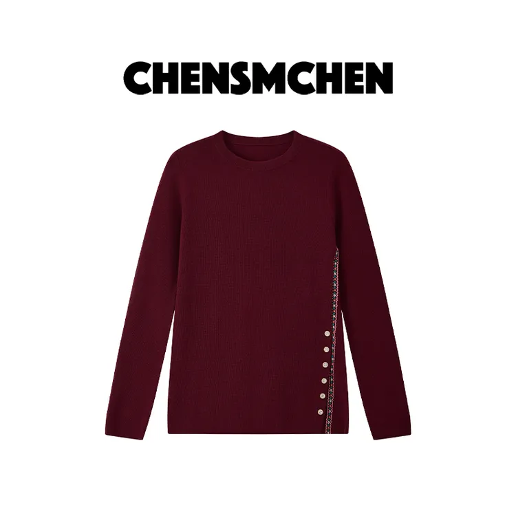 CHENSMCHEN 100%绵羊毛侧缝开衩针织衫女复古时尚打底衫CSZ8767LC