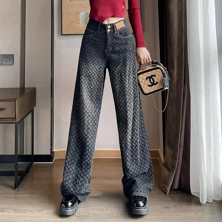 夏季褶皱拖地裤提花牛仔裤直筒厚款高腰春秋镂空