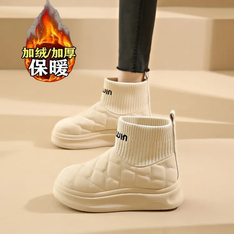 高帮加绒加厚雪地靴女款2025新款冬季厚底百搭皮面防水防滑大棉鞋
