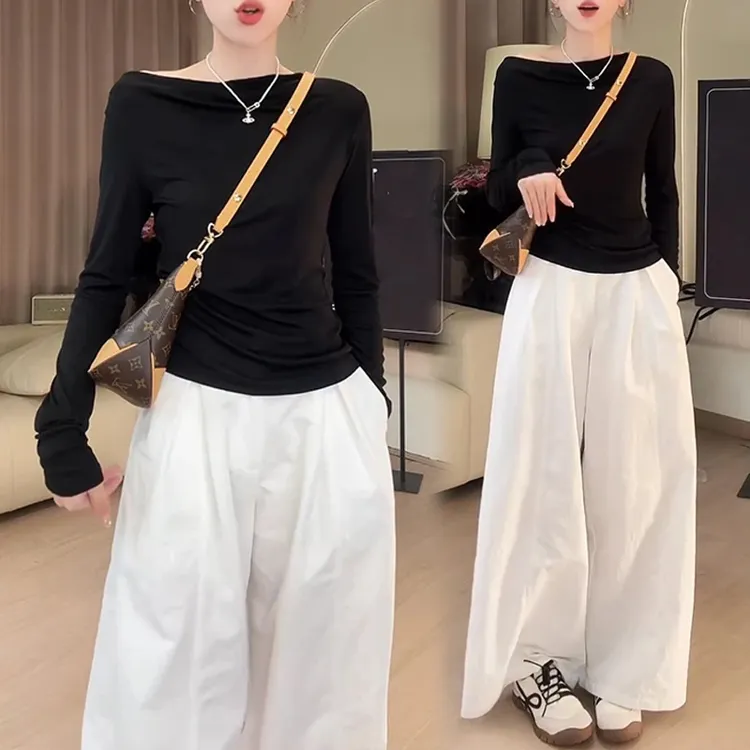 美式辣妹斜肩长袖T恤女装秋季新款小个子超好看炸街独特漂亮上衣