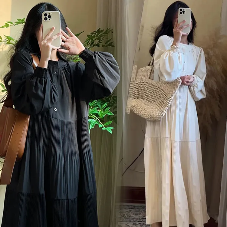 2025新款宽松显瘦压褶圆领简约慵懒文艺风优雅温柔休闲百搭裙