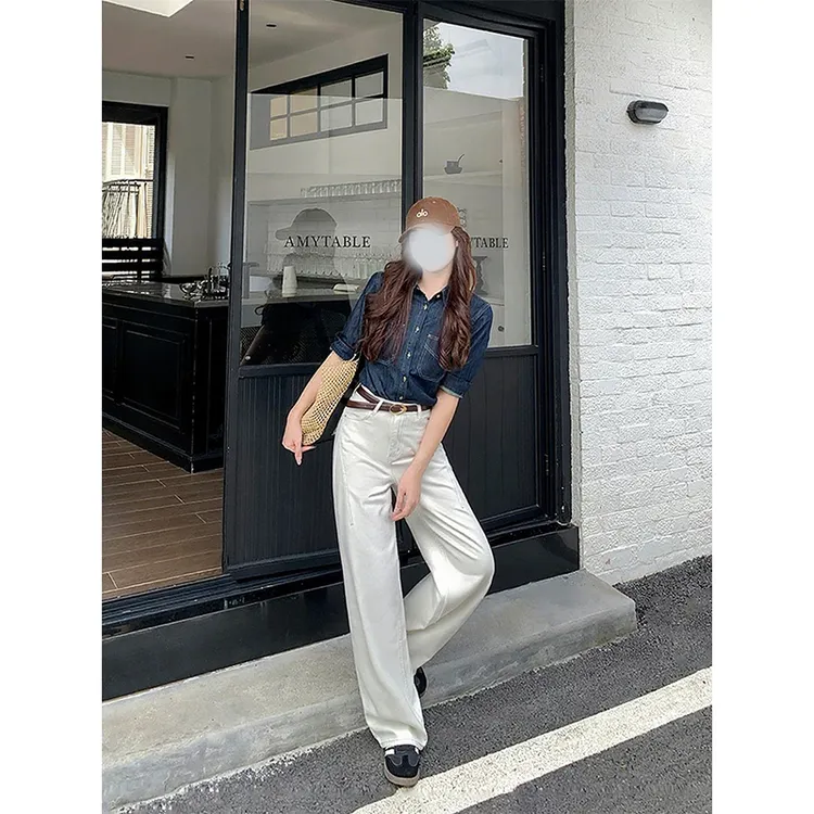 芮丽娅/ruiliya秋季新款牛仔裤女窄版弯刀裤高腰宽松显腿长阔腿裤