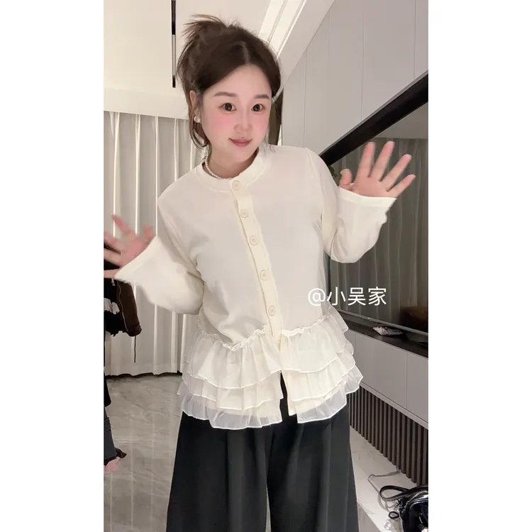 「小吴家」韩系复古套装女蕾丝花边长袖针织上衣