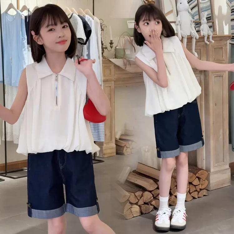 女童中大童夏季休闲宽松翻领无袖雪纺衫套装丹宁牛仔五分裤两件套