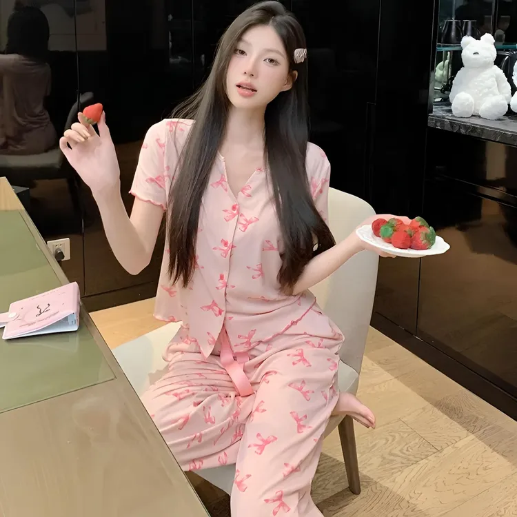 2025睡衣女春夏季薄款亲肤螺纹代尔棉高级感短袖蝴蝶结显瘦家居服