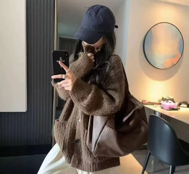 韩系慵懒风高领开衫毛衣女外套春秋装高级感宽松软糯针织加厚上衣