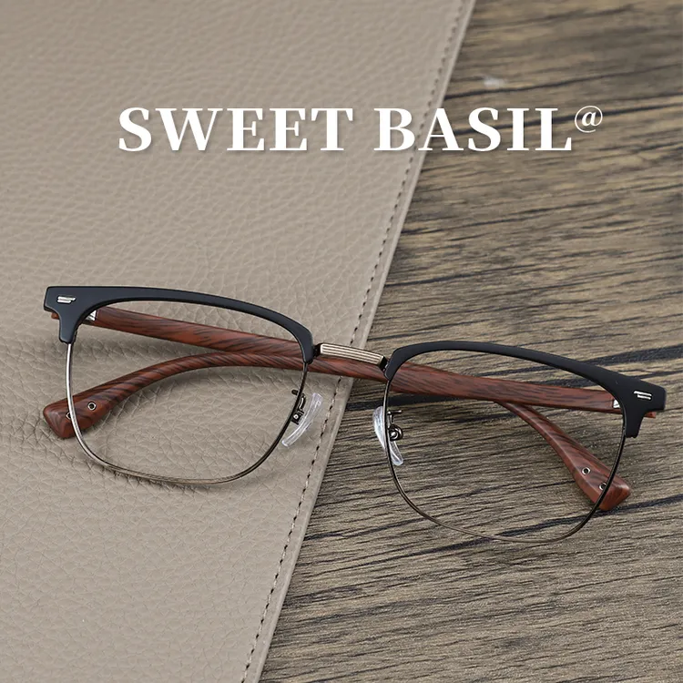 Sweet basil/紫淑复古木纹斯文理工半框百搭防蓝光超轻眼镜近视镜