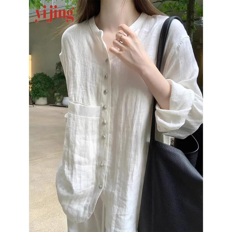 白色V领开衫长袖女衬衫夹克夏季民族风格清凉薄宽松时尚百搭上衣