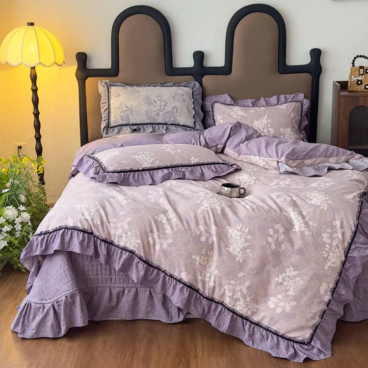 高档原麻绉绉纱美式花边加棉床盖四件套加厚复古四季款床上用品