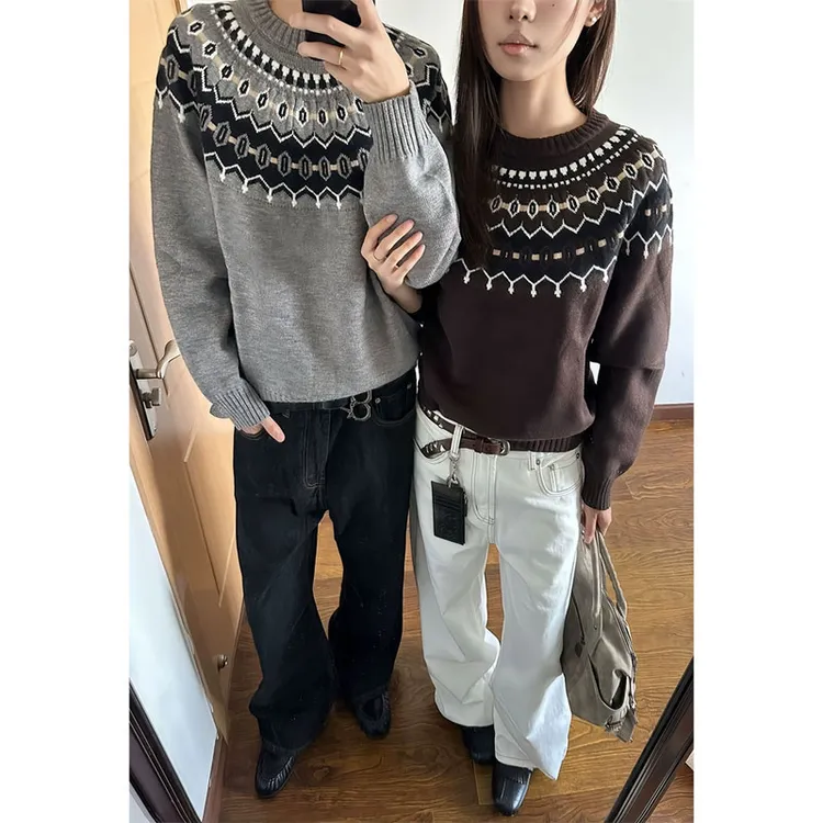 美式复古费尔岛提花套头毛衣男款秋高级感慵懒情侣内搭打底针织衫