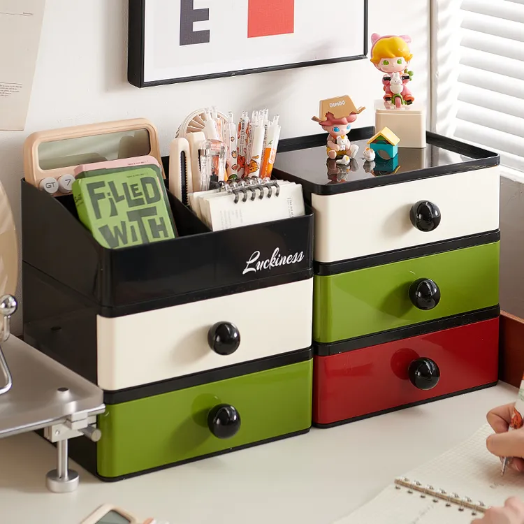 拼色化妆品收纳盒学生宿舍高级感桌面化妆台抽屉式化妆盒收纳